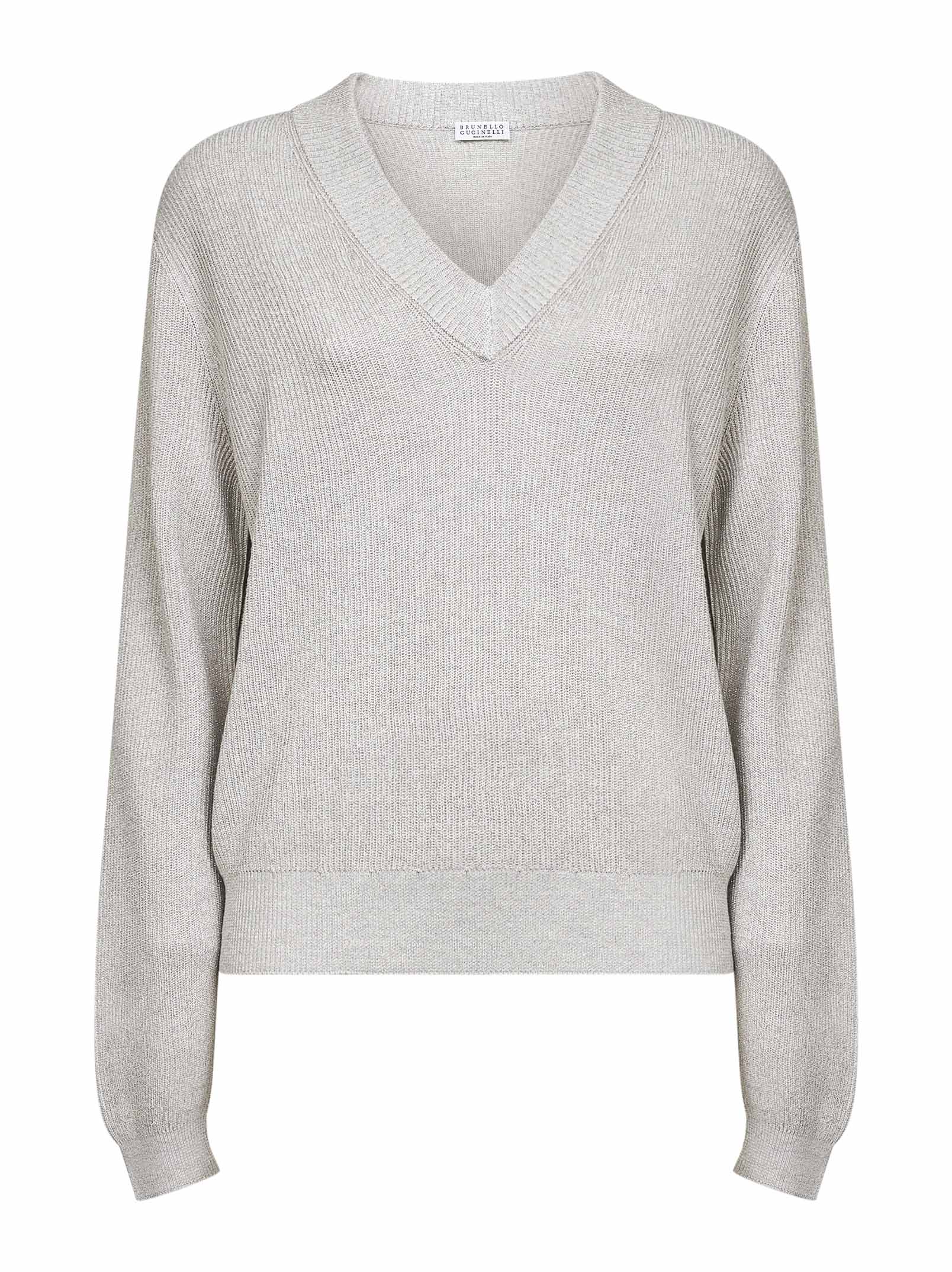Grey Sparkling cotton blend knit V-neck sweater – Daniello.com