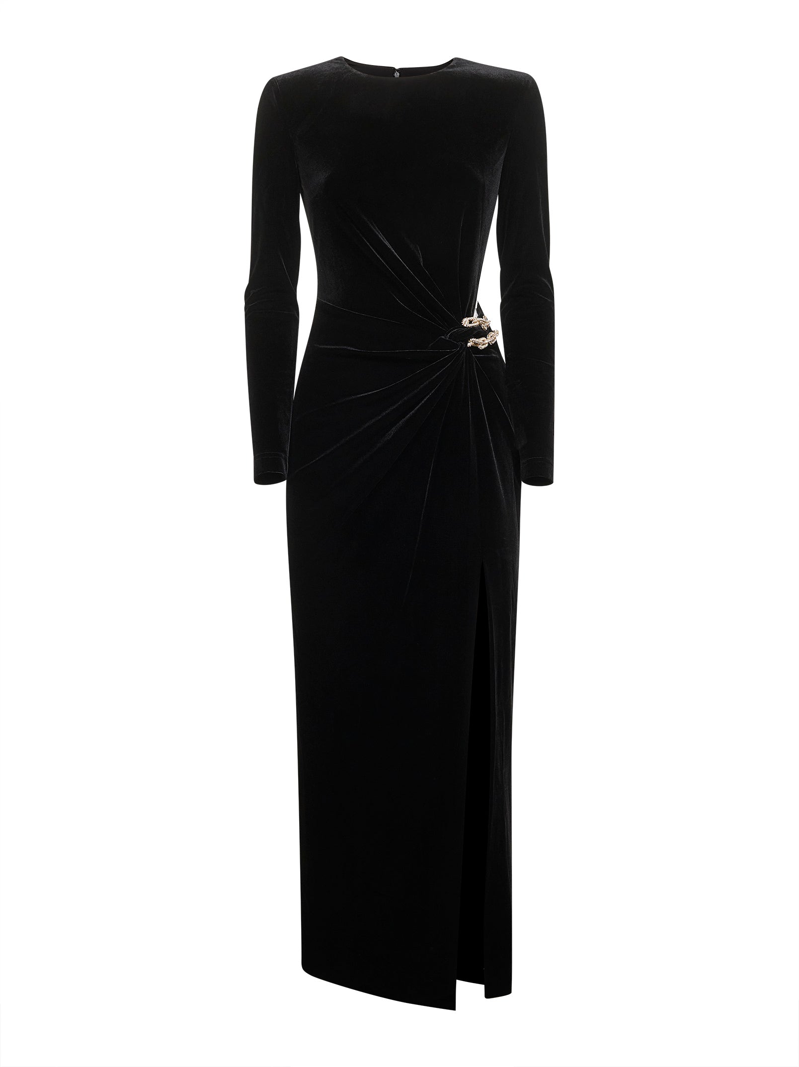 knee length dresses for ladies Black stretch velvet embellished midi dress – Daniello.com