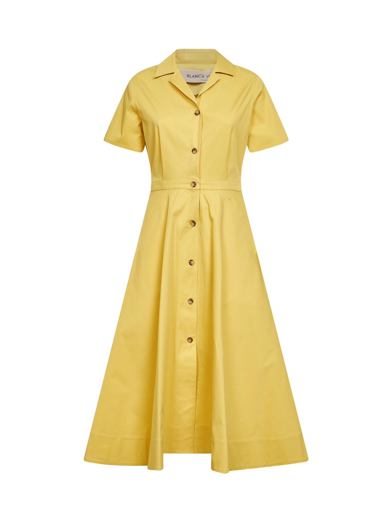 yellow midi shirt dress BLANCA VITA | Oil yellow stretch cotton Alga midi shirt dress | Women