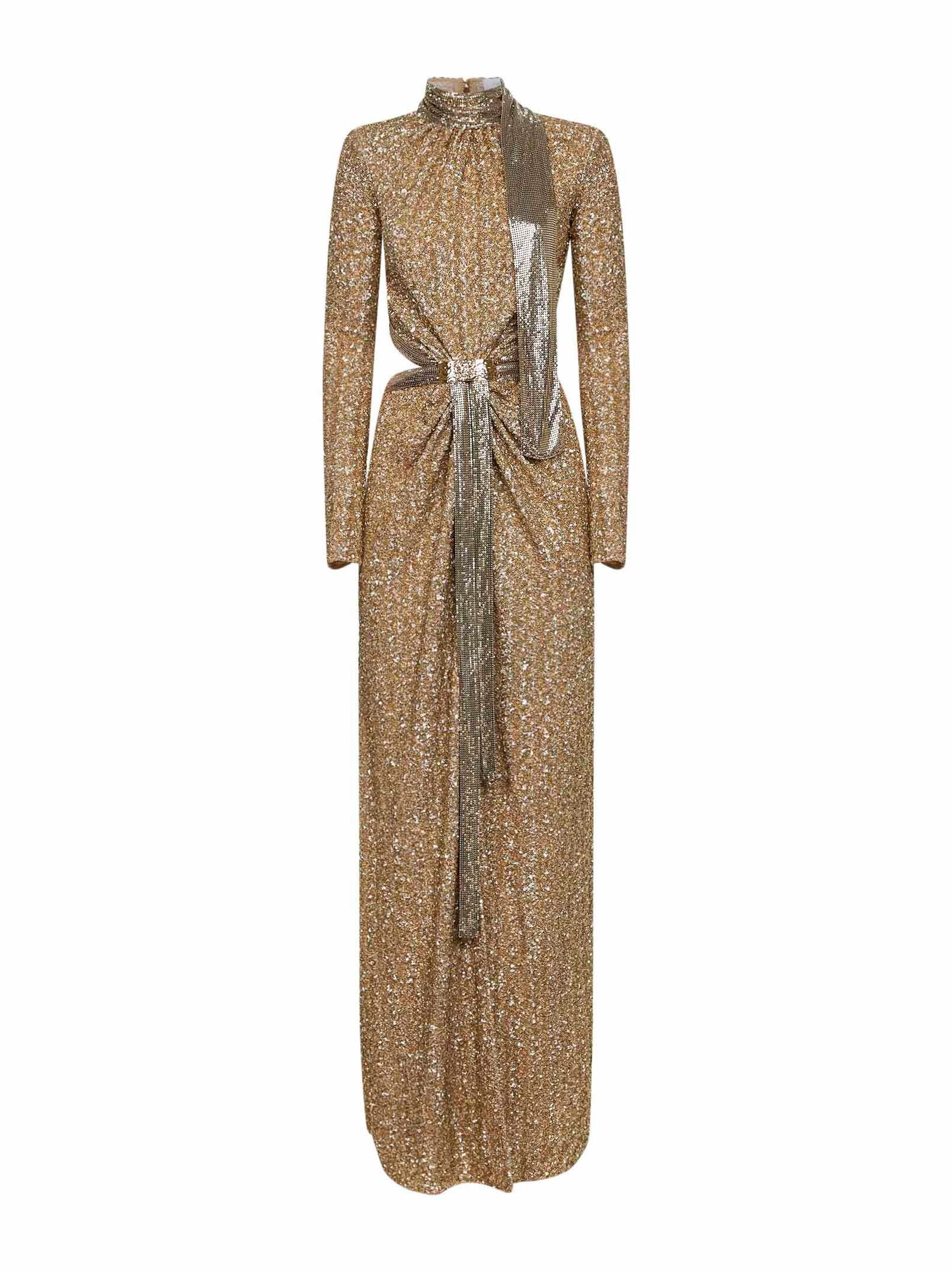 Gold sequins and metallic mesh long dress –