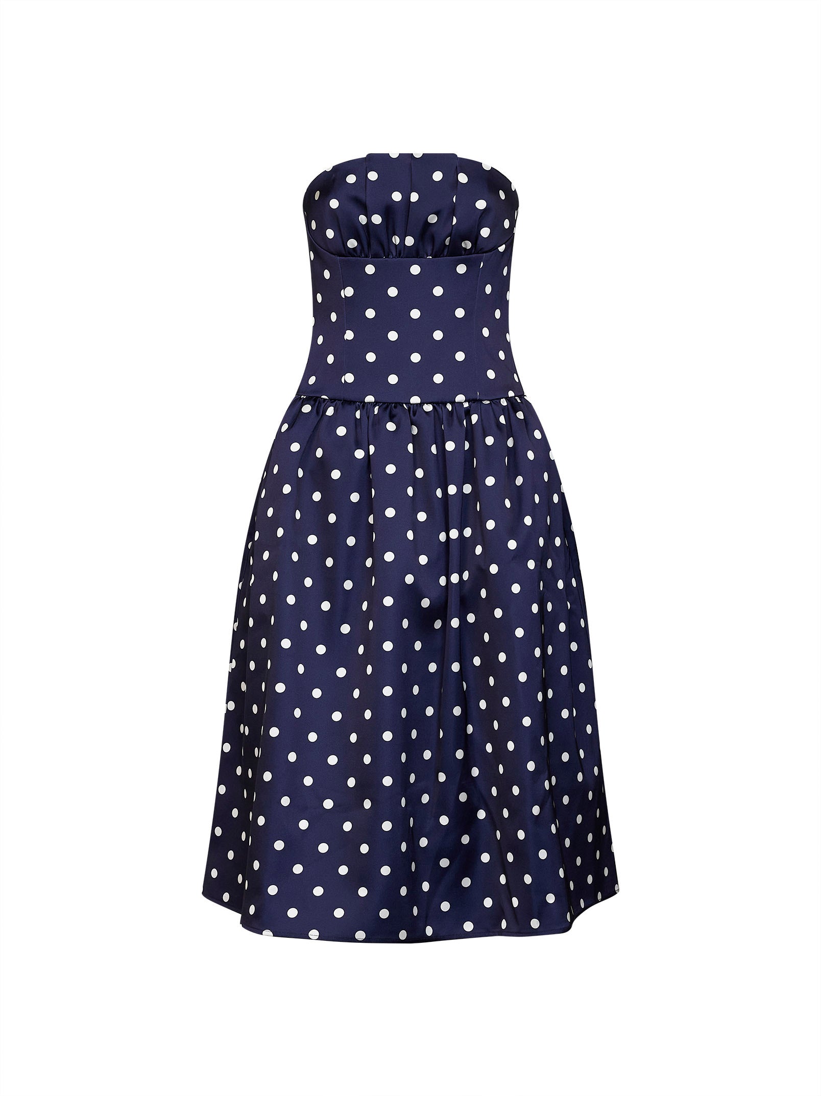 Navy blue polka dot.-print satin strapless midi dress –