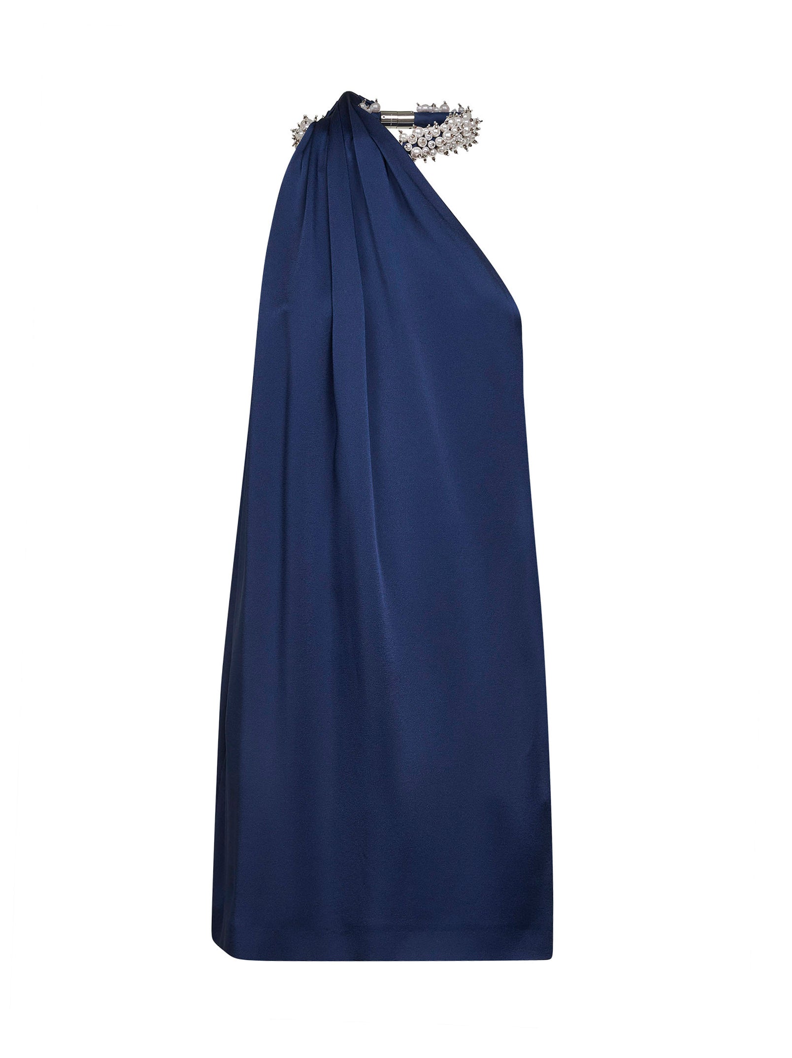 Navy blue envers satin pearl-embellished one-shoulder mini dress Daniello.com Navy blue envers satin pearl-embellished one-shoulder mini dress Daniello.com