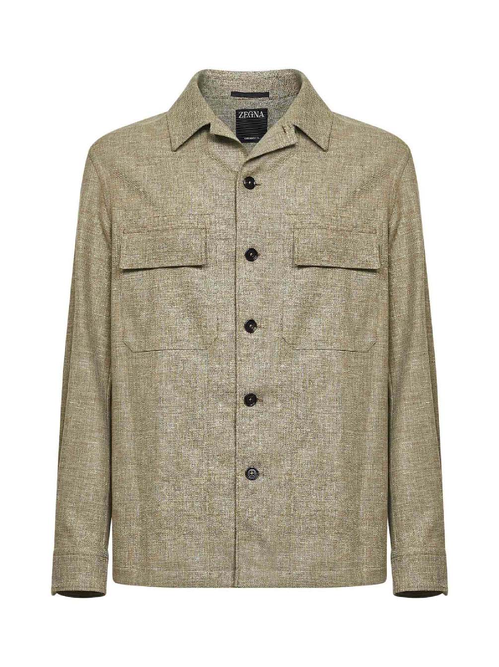 Olive green Crossover linen and wool and silk overshirt –