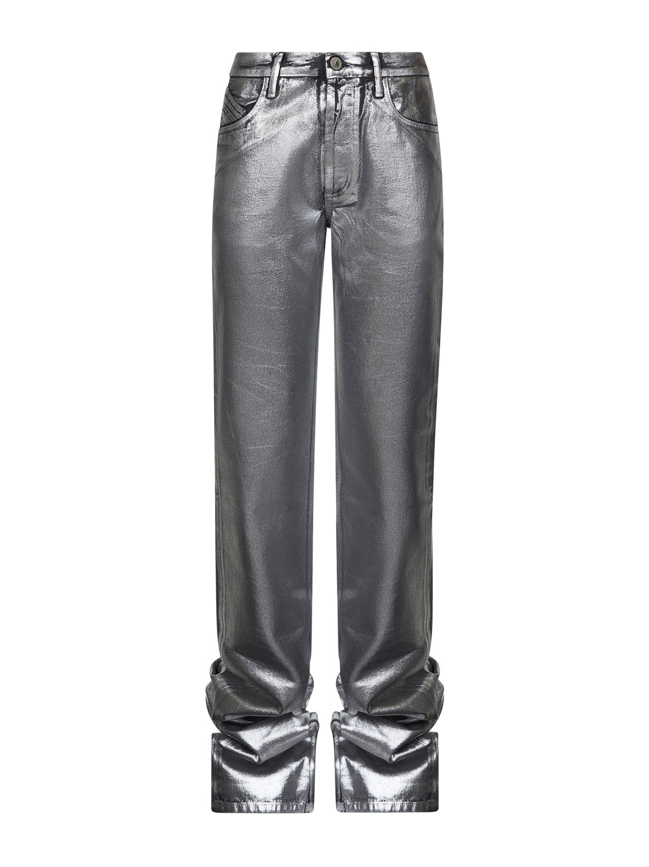 Jeans extra lunghi in denim spalmato argento