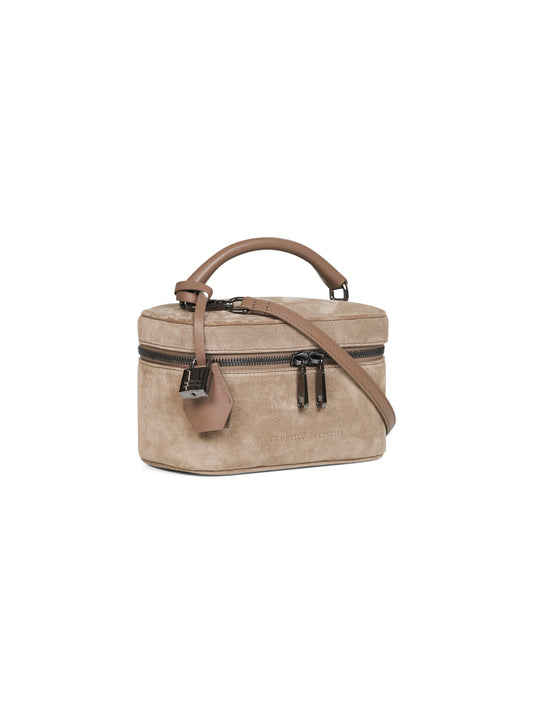 Taupe vanity bag with shoulder strap