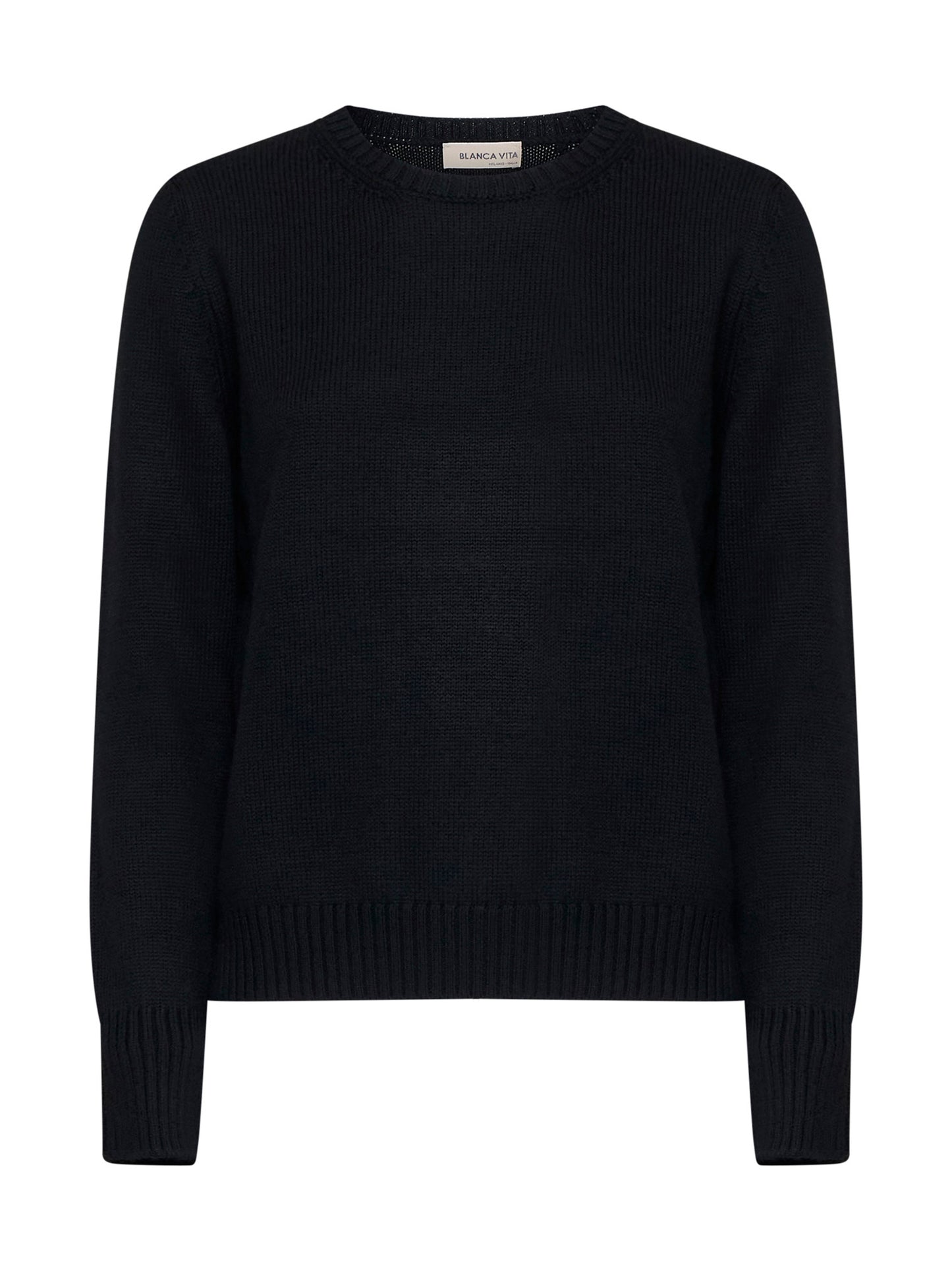 Crew-neck sweater in black virgin wool