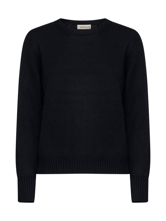 Crew-neck sweater in black virgin wool