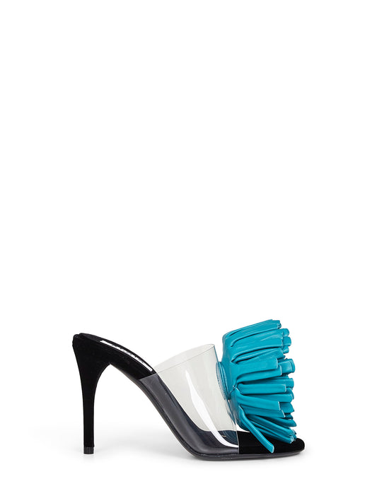 Asymmetric sandals with large 3-D leather flower