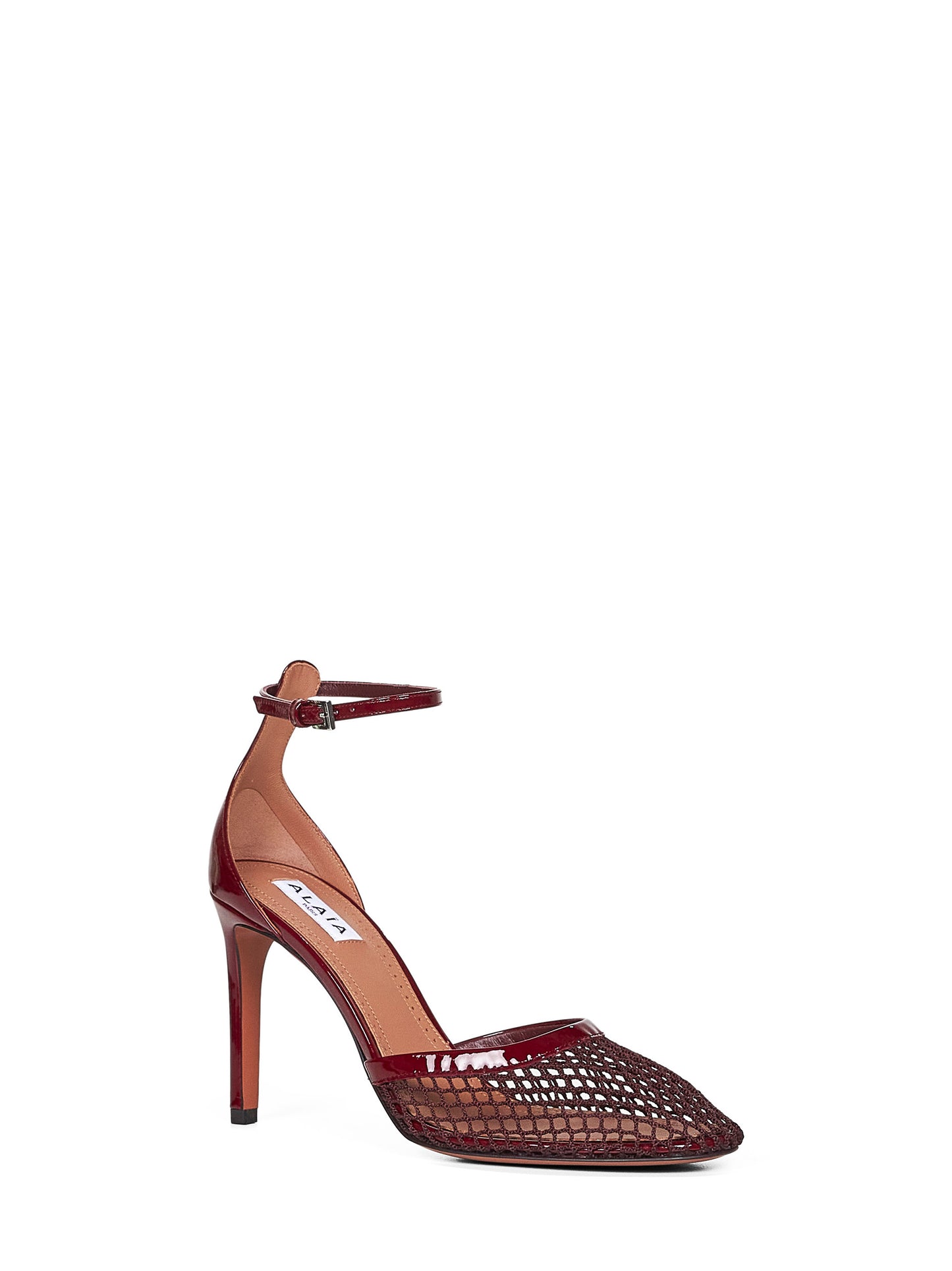 Burgundy fishnet heeled pumps