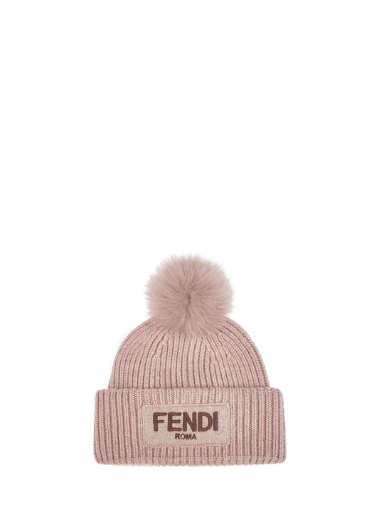Berretto in lana tortora con pompon