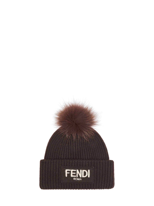 Brown wool beanie with pompom
