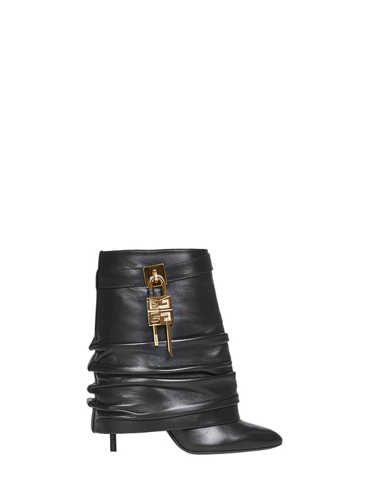 Black nappa leather Shark Lock Stiletto ankle boots
