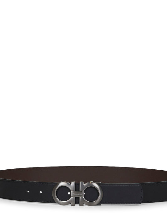 Black leather Gancini reversible belt