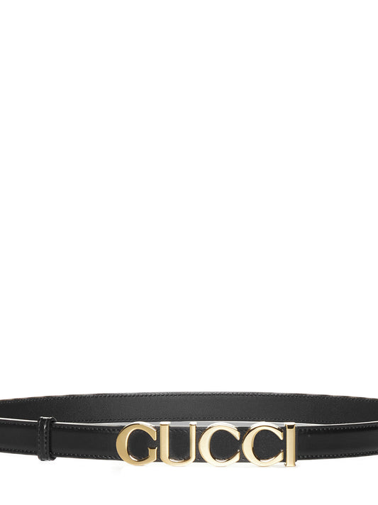 Logo-buckle leather thin belt