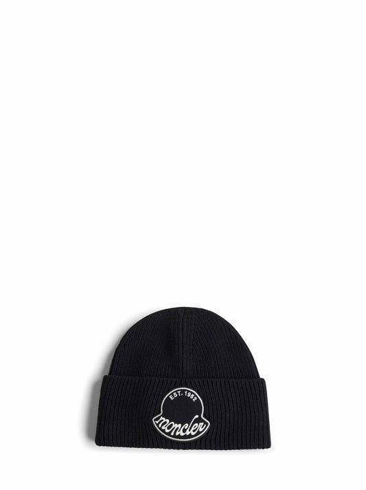 Black wool knit logo patch beanie