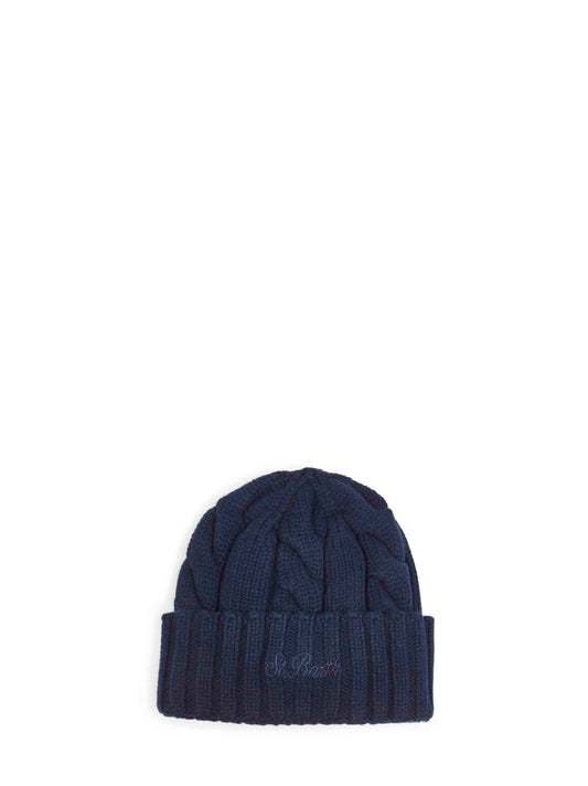 Blue cable-knit wool Cannon beanie<BR/>