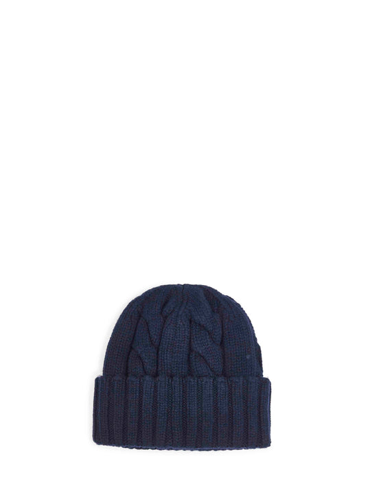 Blue cable-knit wool Cannon beanie<BR/>
