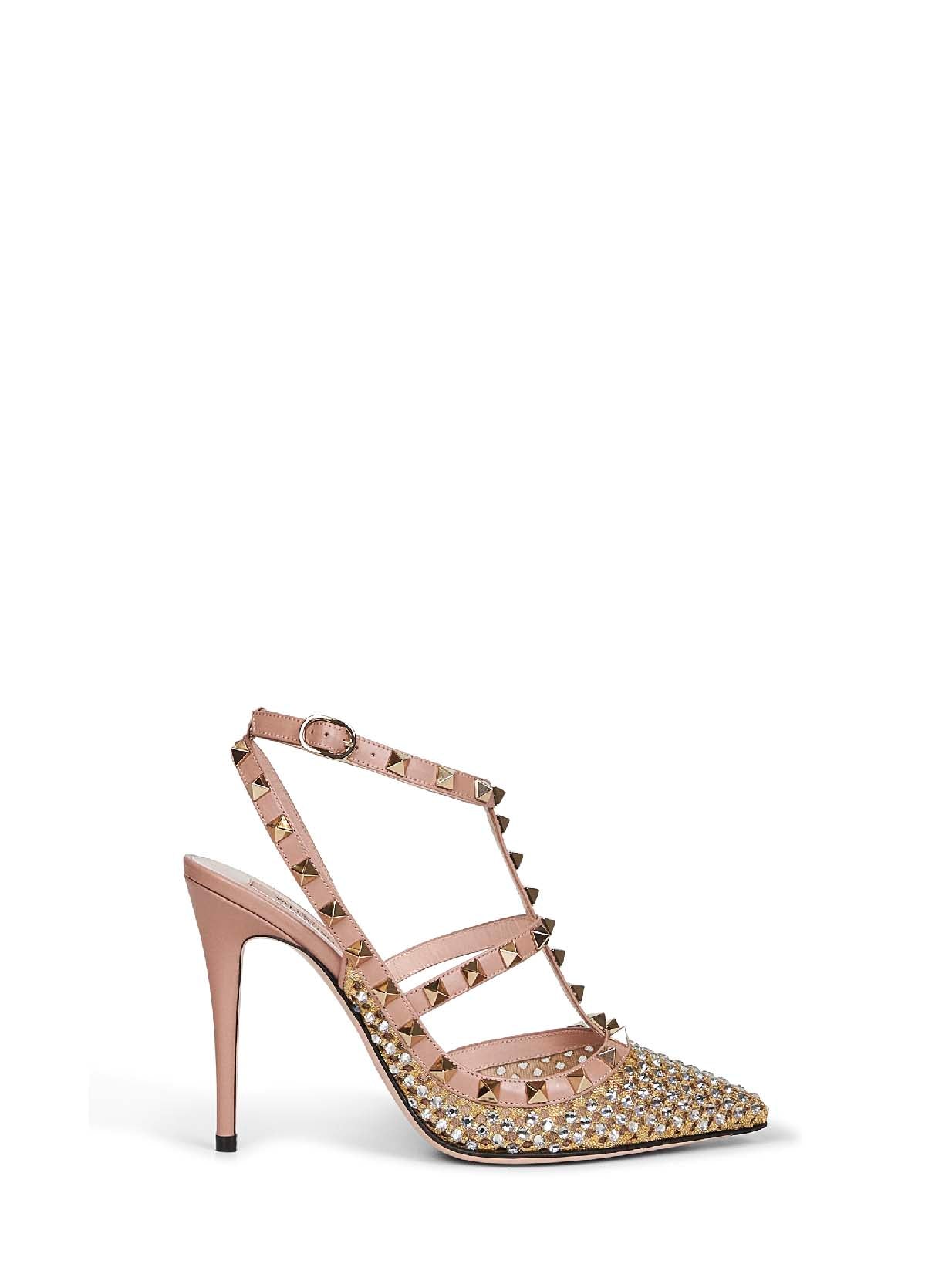 Décolleté slingback Rockstud in pelle e rete con strass