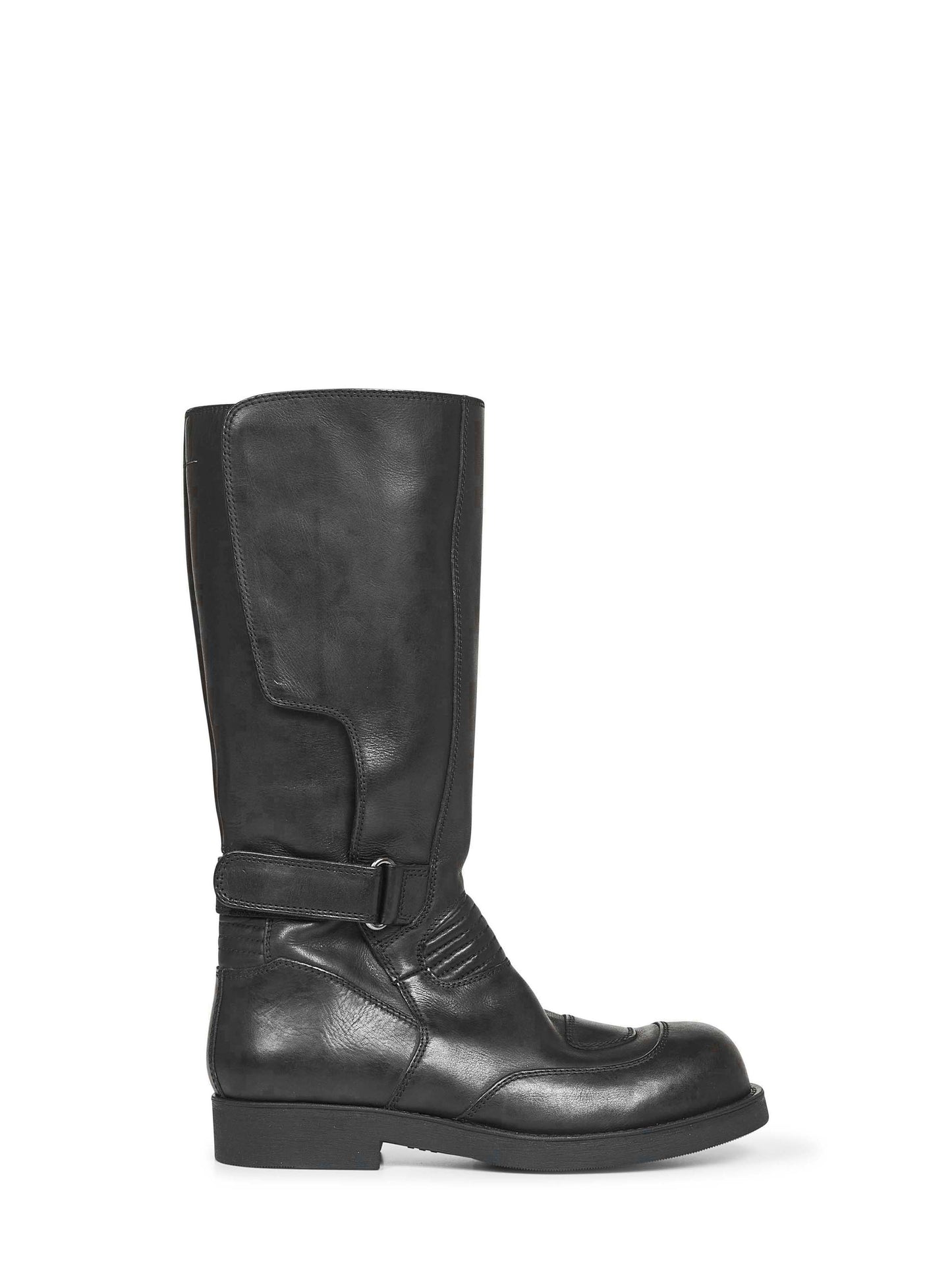 Black calf leather biker boots