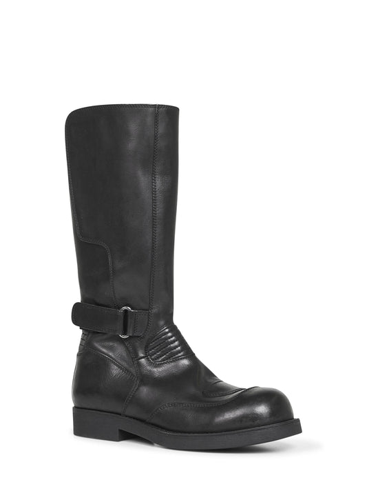 Black calf leather biker boots