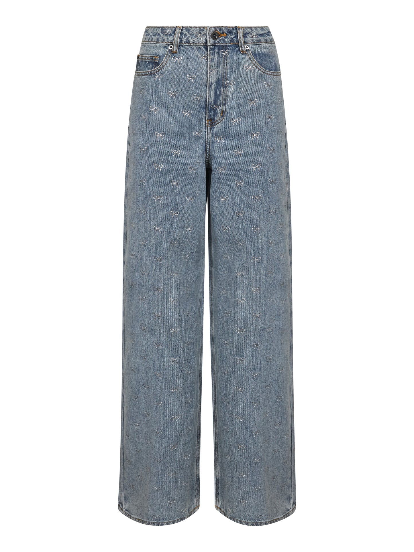 Jeans in denim azzurro con fiocchi in cristalli