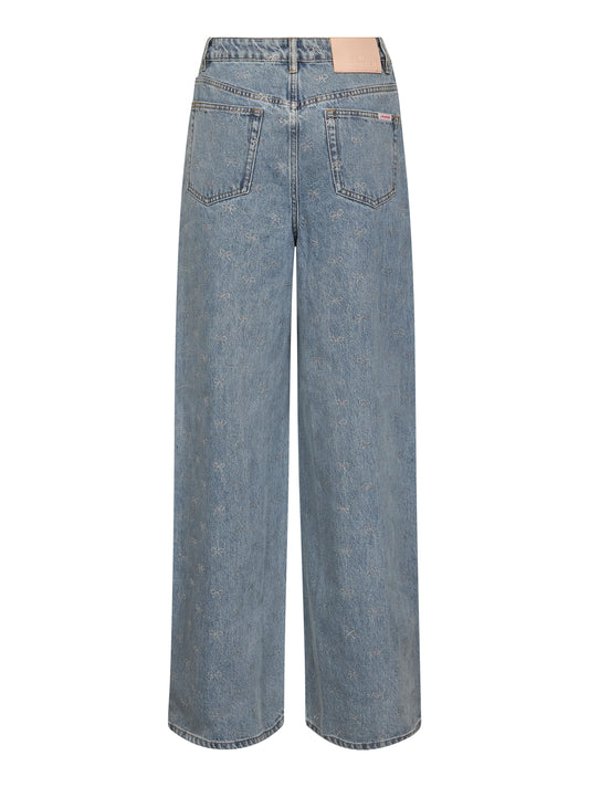 Jeans in denim azzurro con fiocchi in cristalli