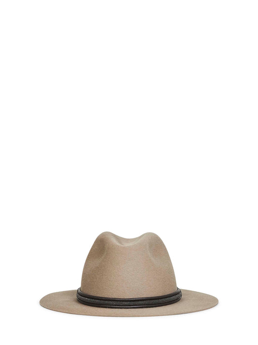 Grey felt fedora with leather and monili band