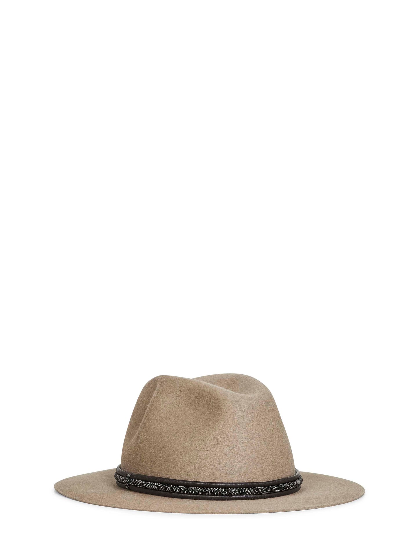 Grey felt fedora with leather and monili band