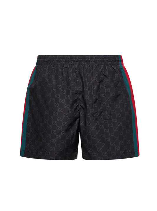 Black GG print nylon swim shorts with Web detail