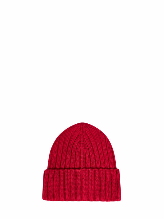 Red ribbed wool knit beanie with logo patch