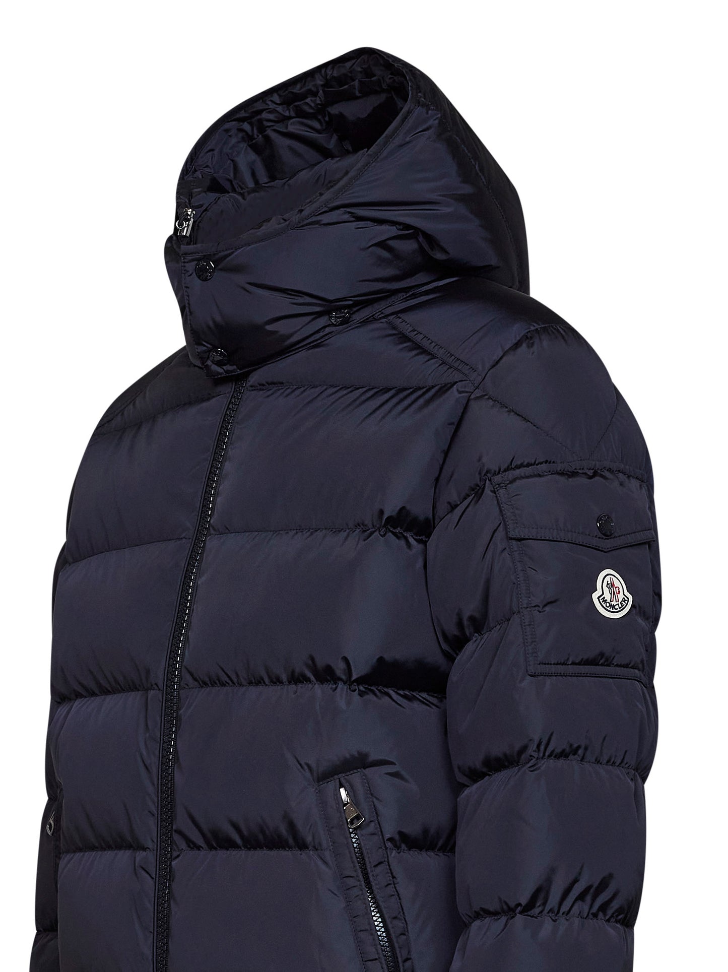 Piumino corto con cappuccio Moncler Maya opaco blu