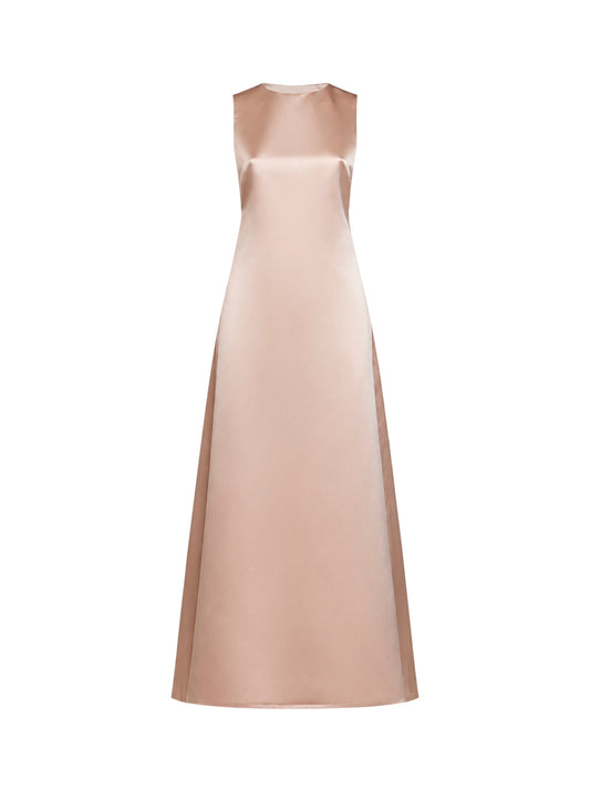 Champagne duchesse satin maxi dress with bow brooch