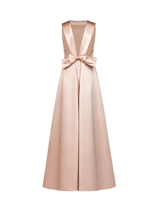 Champagne duchesse satin maxi dress with bow brooch