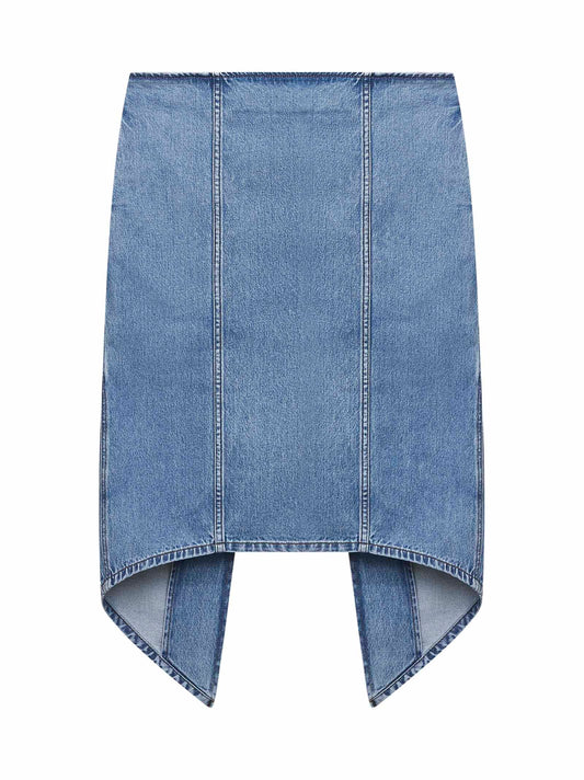 Light blue cotton denim layered midi skirt