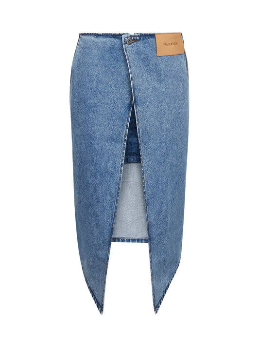 Light blue cotton denim layered midi skirt