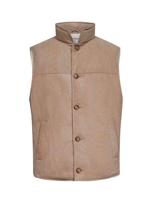 Beige suede sleeveless down jacket