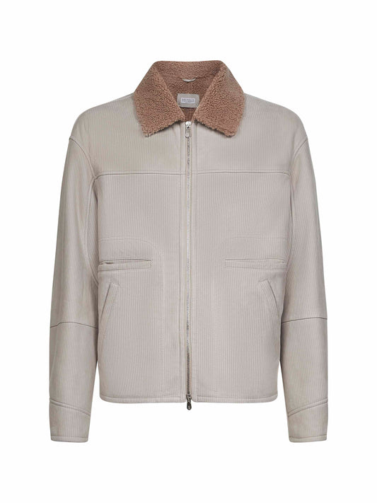 Beige striped suede aviator jacket