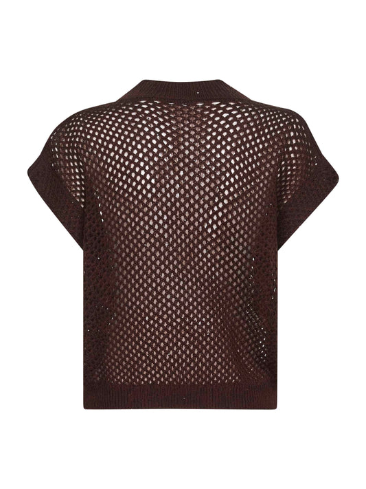 Brown Dazzling Mesh V-Neck sweater