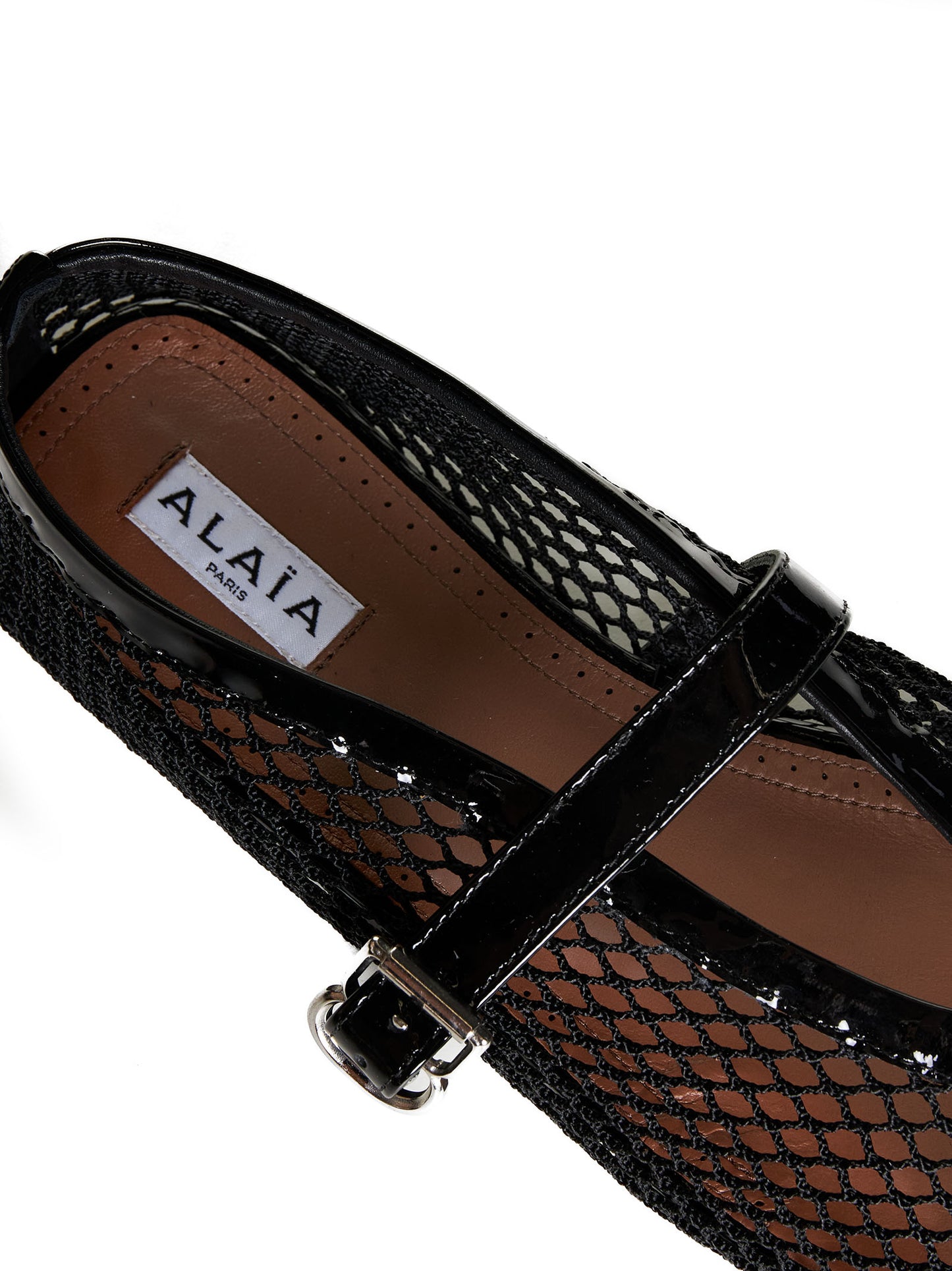 Patent leather-trimmed mesh ballet flats