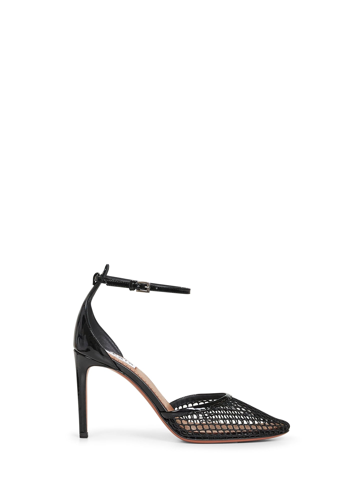 Black fishnet heeled pumps