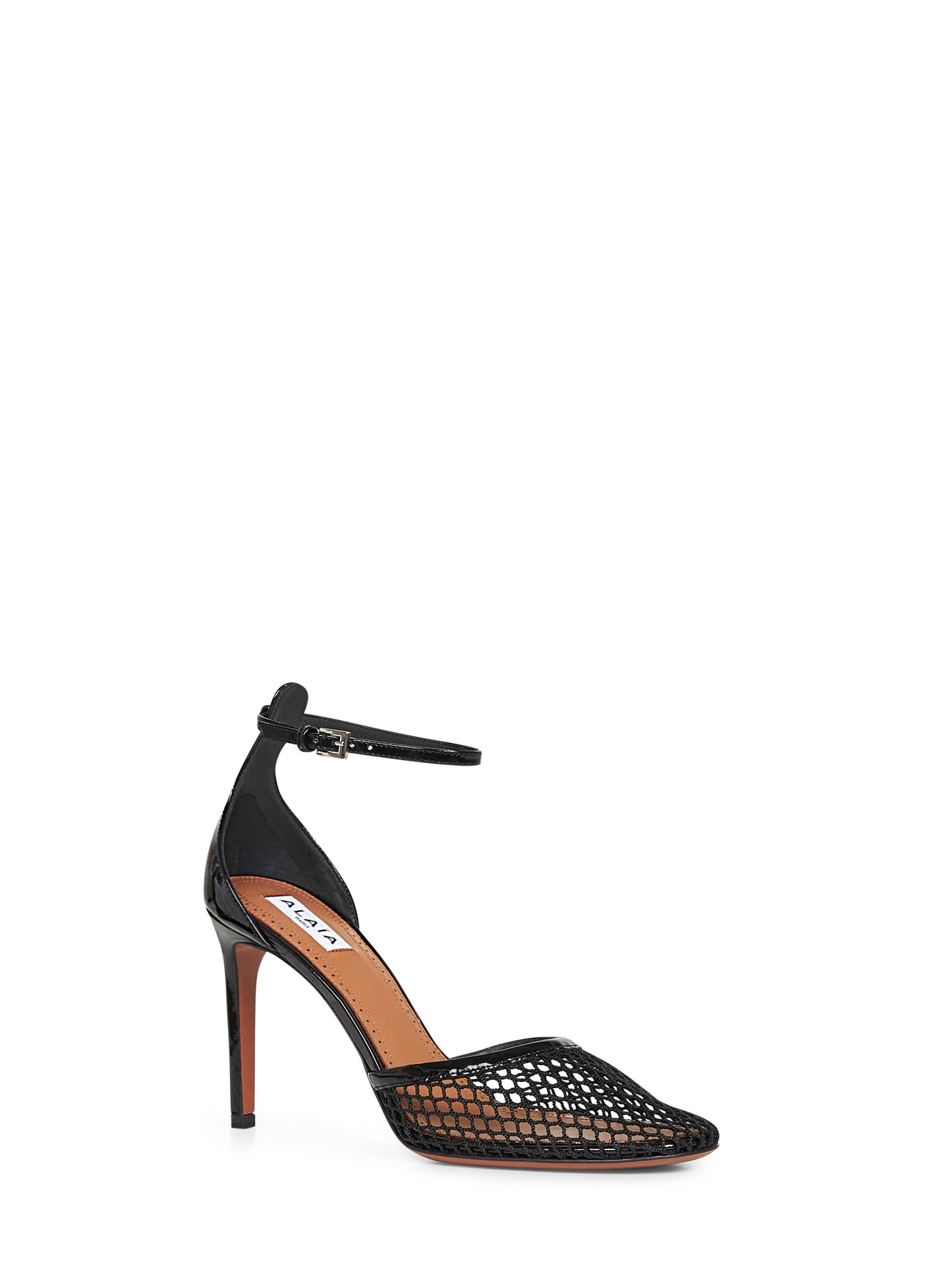 Black fishnet heeled pumps