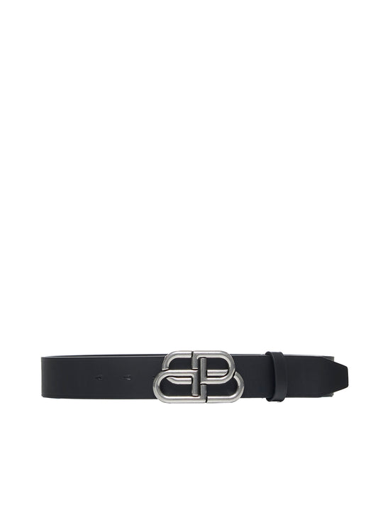 Wide BB belt in black calfskin leather with antique silver finishes