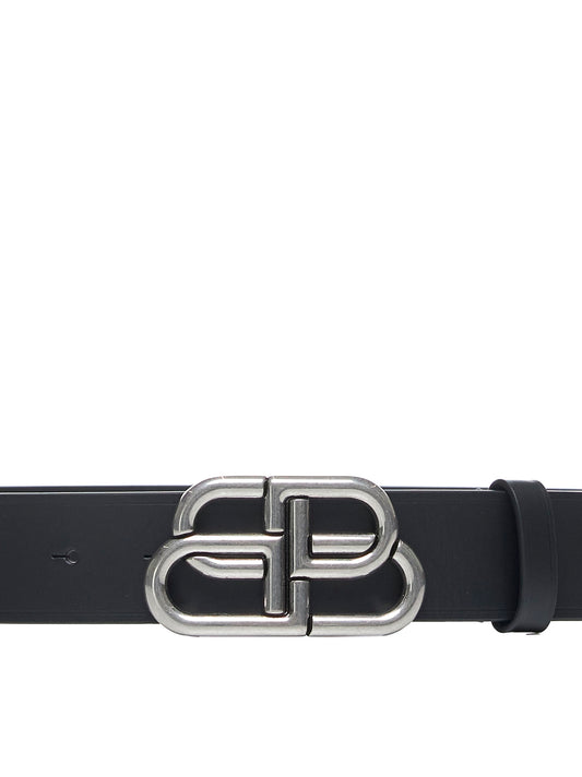 Wide BB belt in black calfskin leather with antique silver finishes