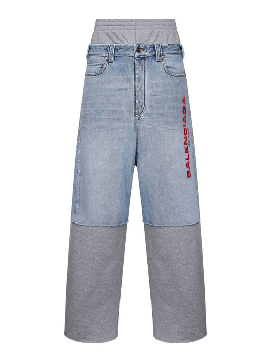 Pantaloni in denim azzurro e pile grigio<BR/>