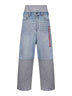 Light blue denim and grey fleece trousers