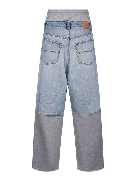 Pantaloni in denim azzurro e pile grigio<BR/>