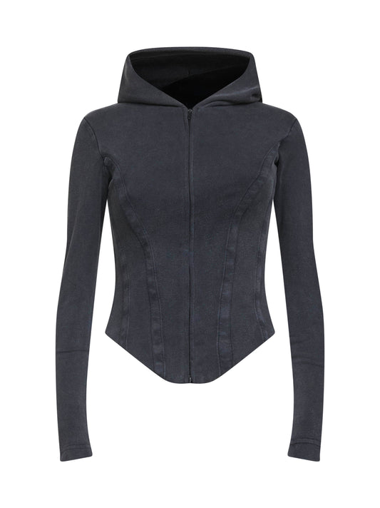 Felpa con zip cappuccio stile corsetto nera