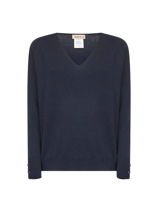 Blue knit V-neck sweater