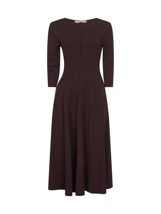 Coffee stretch jersey Asia flared midi dress