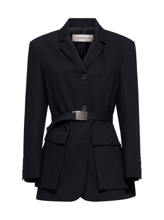 Black gabardine Genova belted blazer